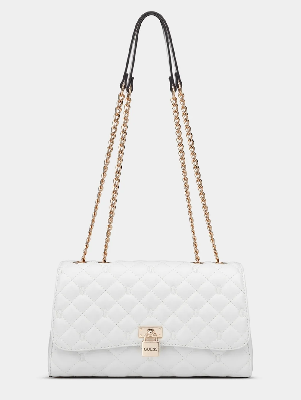 Guess Quilted White Shoulder Bag with Gold Chain Strap